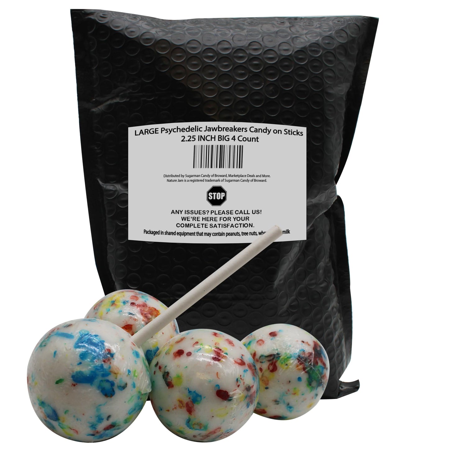 Large Psychedelic Jawbreakers Candy On Sticks 2.25 Inch Big 4 Count- Jawbreaker Lollipops-Hard As A Rock