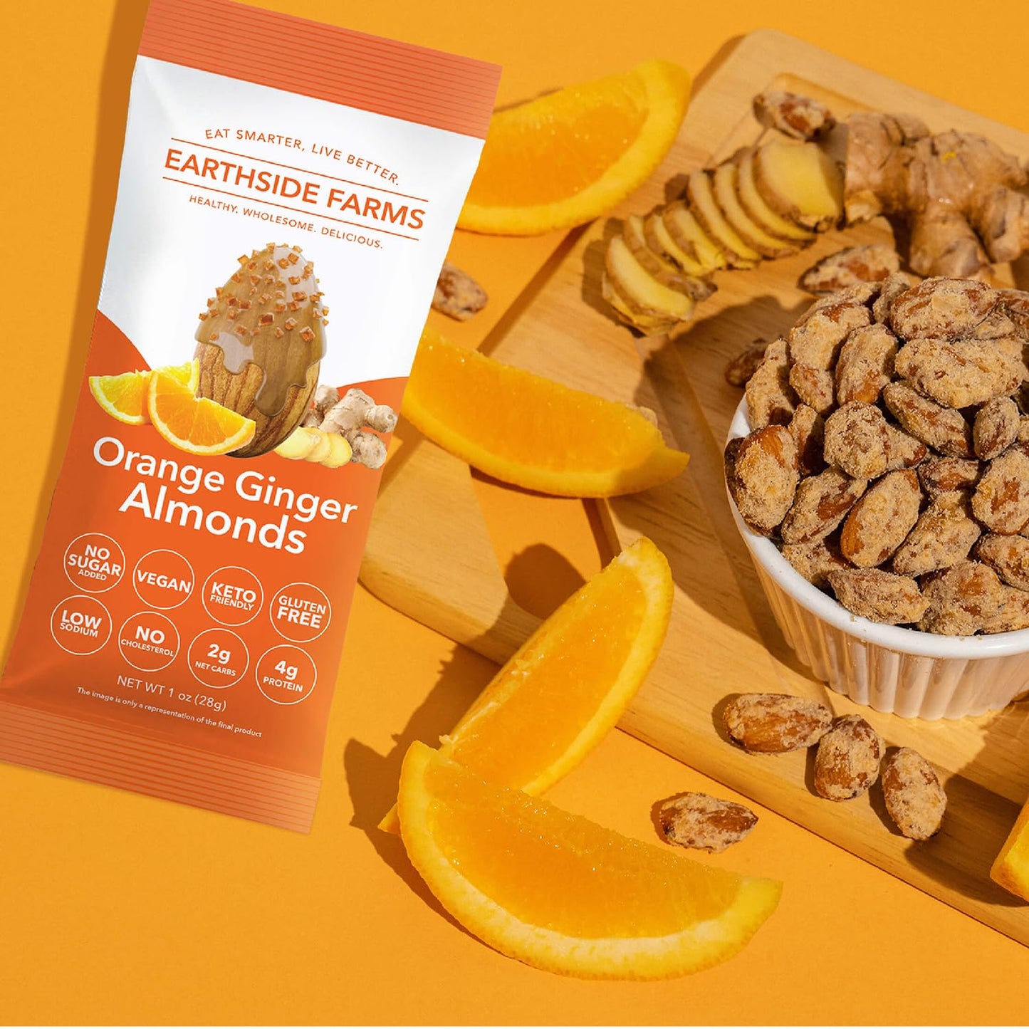 Earthside Farms Orange Ginger Almonds, Candied Almonds, Low Sugar Keto Snack, Non Gmo, Plant Protein, Vegan, Whole, Natural, Sup