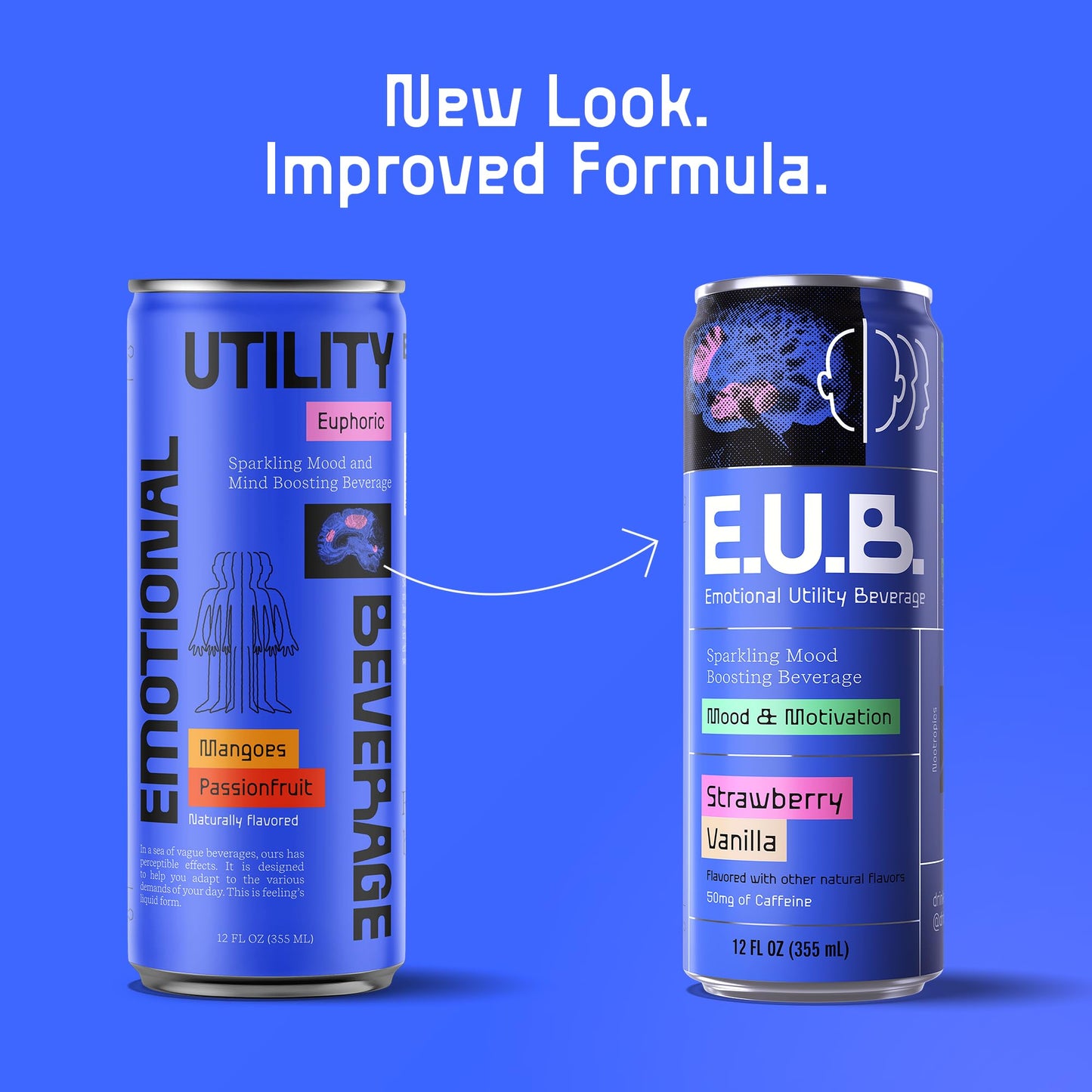 E.U.B. Strawberry Vanilla Sparkling Functional Beverage 12oz Can 50mg Caffeine 25 Calories with Nootropics & Adaptogens for Mood & Energy Support