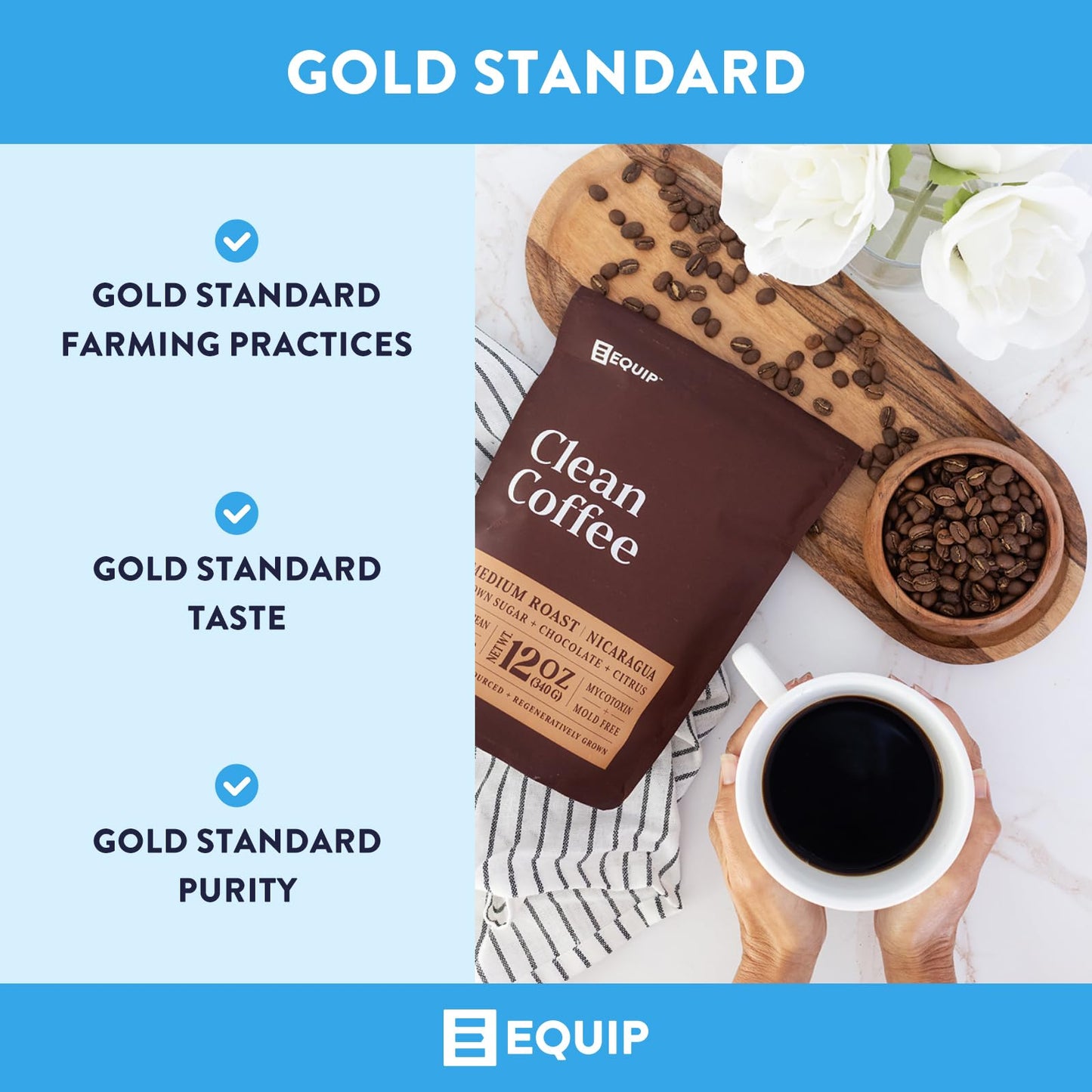 Equip Foods Clean Coffee | Gold Standard, Certified Organic, Fair Trade, Regenerative | Medium Roast, Whole Bean, Nicaragua | Br