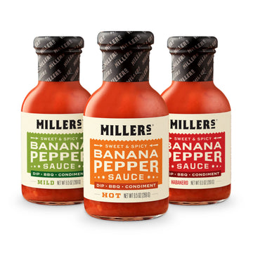 Miller'S Banana Pepper Sauce Variety Pack - Includes Hot, Mild, Habanero Hot Sauce Set - Best Use For Chicken Wing, Burger, Sand
