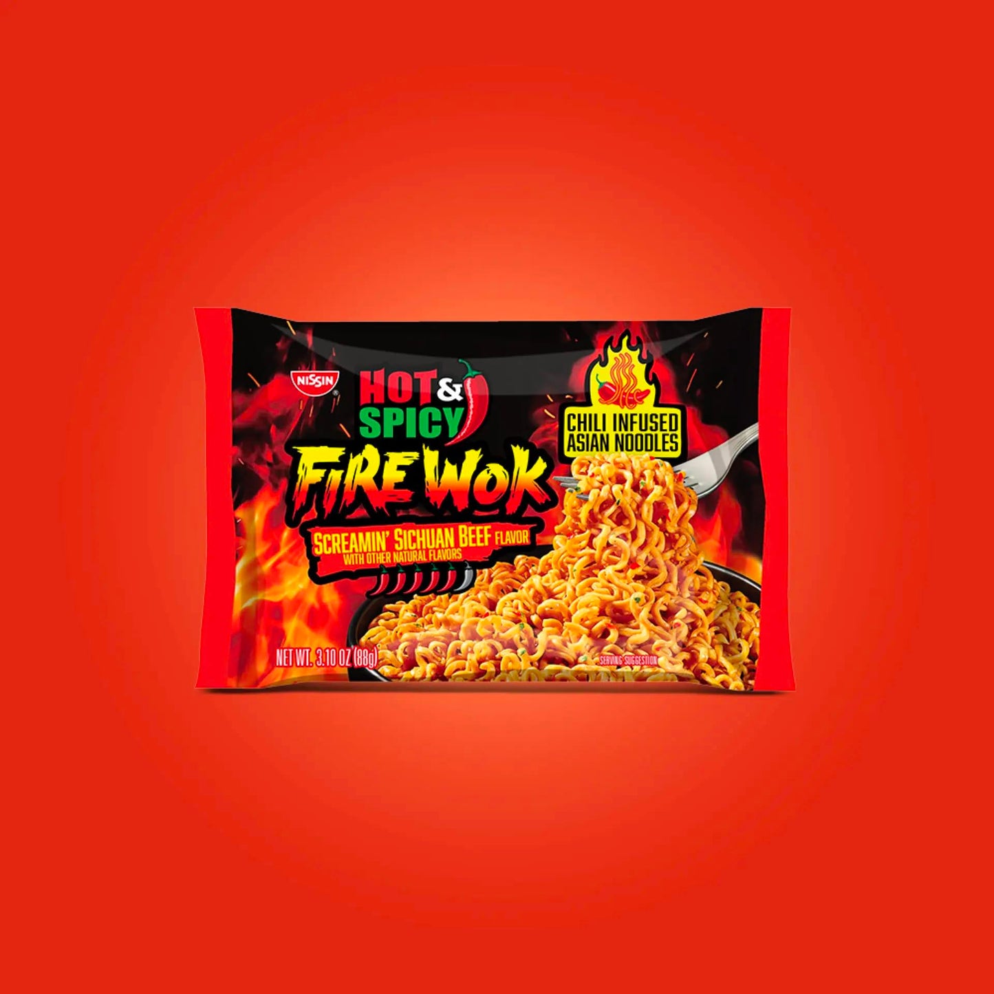 Nissin Fire Wok, Screamin Beef Flavor, Hot & Spicy Chile Infused Asian Noodles, Pack of 12