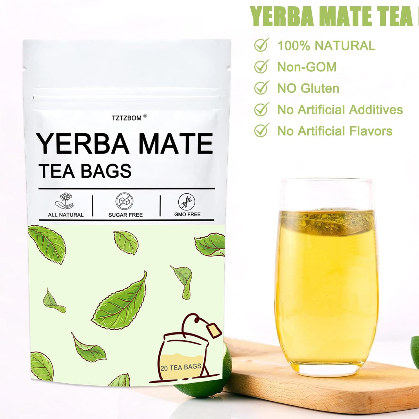 TZTZBOM Yerba Mate Tea Bags, Natural Caffeine, Smooth Energy & Focus, 20 Count