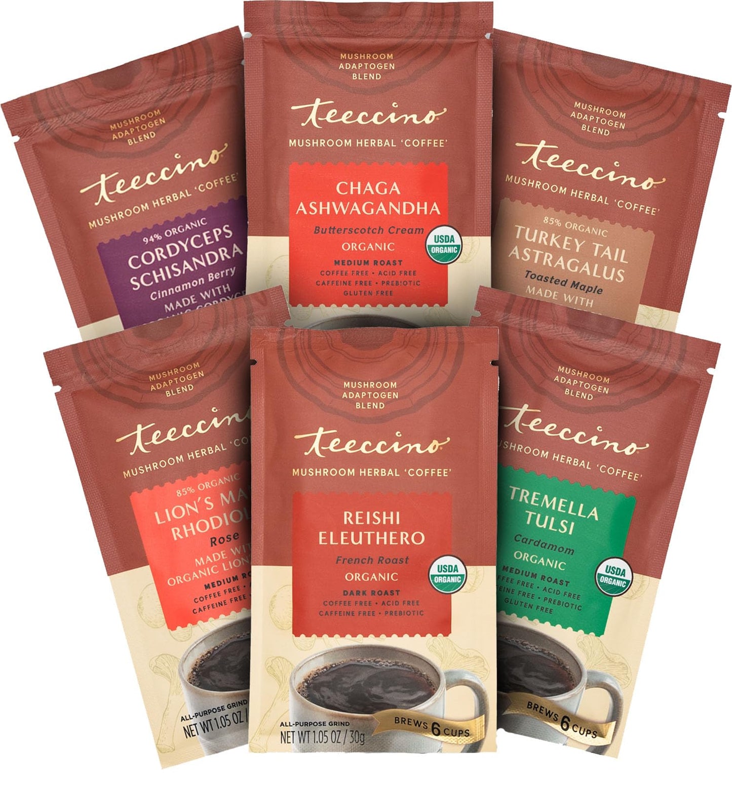 Teeccino Mushroom Adaptogen Herbal Coffee Sampler - 6 Trial-Size Packets - Chaga Ashwaganda Reishi Eleuthero Tremella Tulsi Cordyceps Schisandra Turkey Tail Astragalus Lions Mane Rhodiola