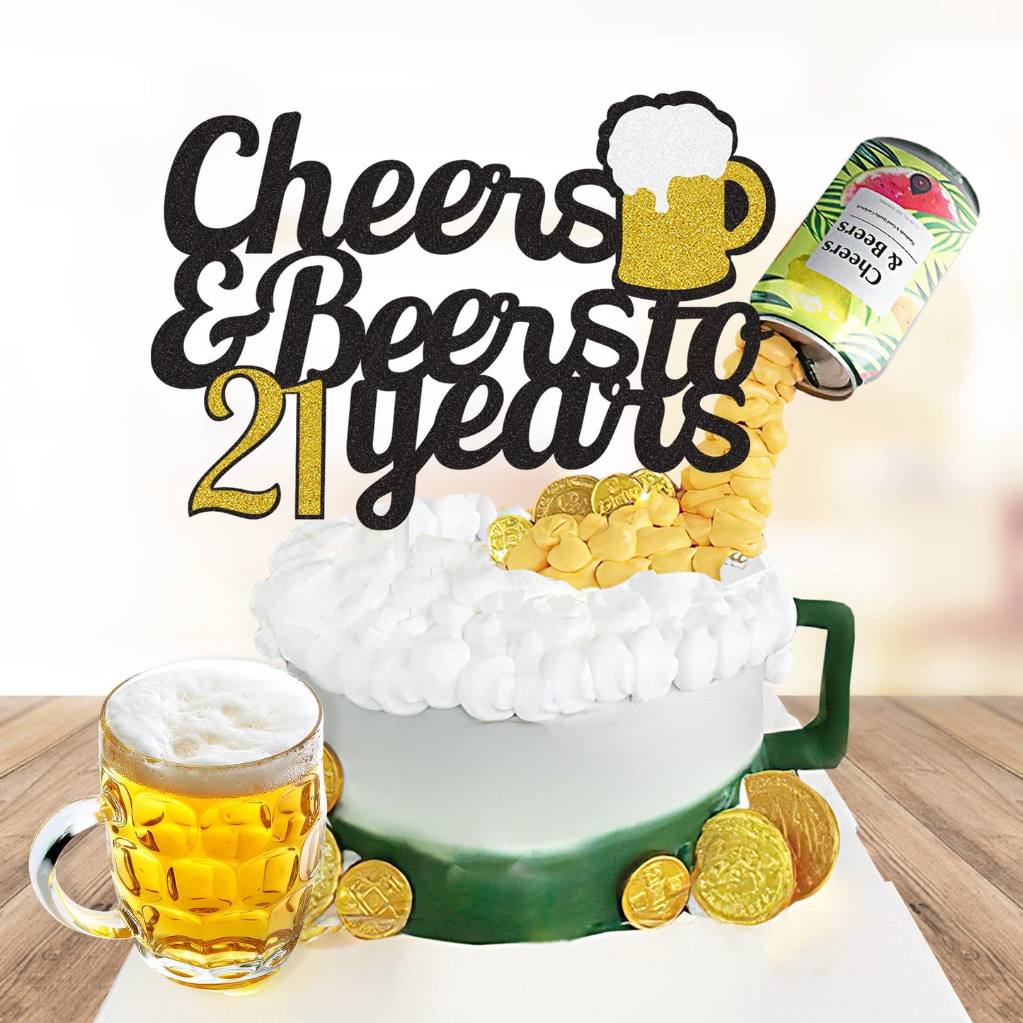 Cheers To 21 Years Cake Topper, Happy 21St Birthday Cake Topper, 21Th Anniversary Birthday Party Supplies Black And Gold Glitter