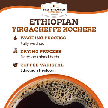 Fresh Roasted Coffee, Dark Ethiopian Yirgacheffe Kochere, 12 Oz, Dark Roast, Kosher, Ground