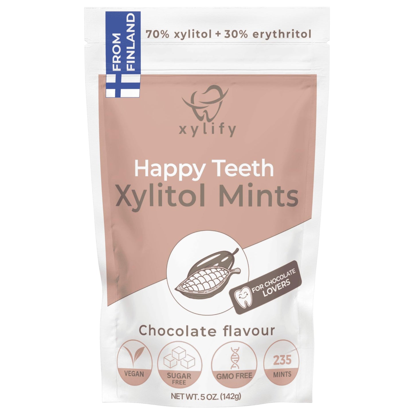 Xylitol Mints For Oral Care - Chocolate Flavor With Xylitol And Erythritol Sugar Free Candy Happy Teeth Dental Mints From Finland 5Oz - 235 Mints