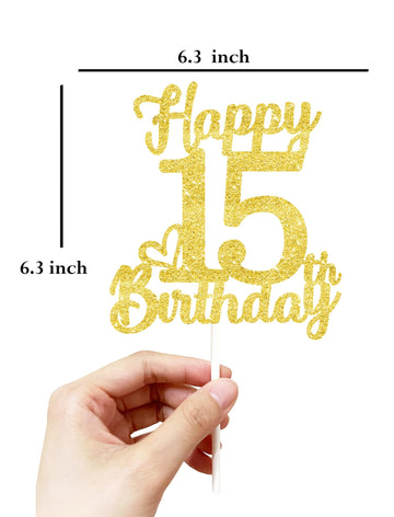 15Th Birthday Cake Topper - Double Sided Gold Glitter, Happy 15Th Birthday Cake Topper For Girls,15 Cake Decorations For Girls,