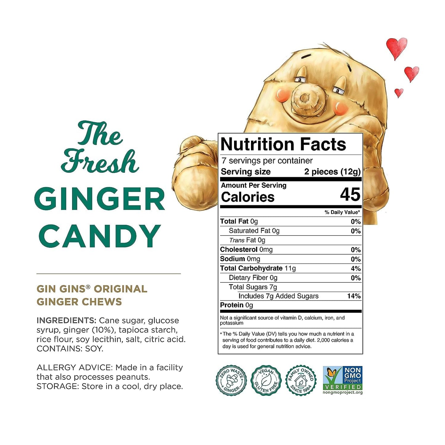 The Ginger People GIN GINS Original Ginger Chews - 100% Natural Candy, 3oz Bag, Pack of 8, Brown