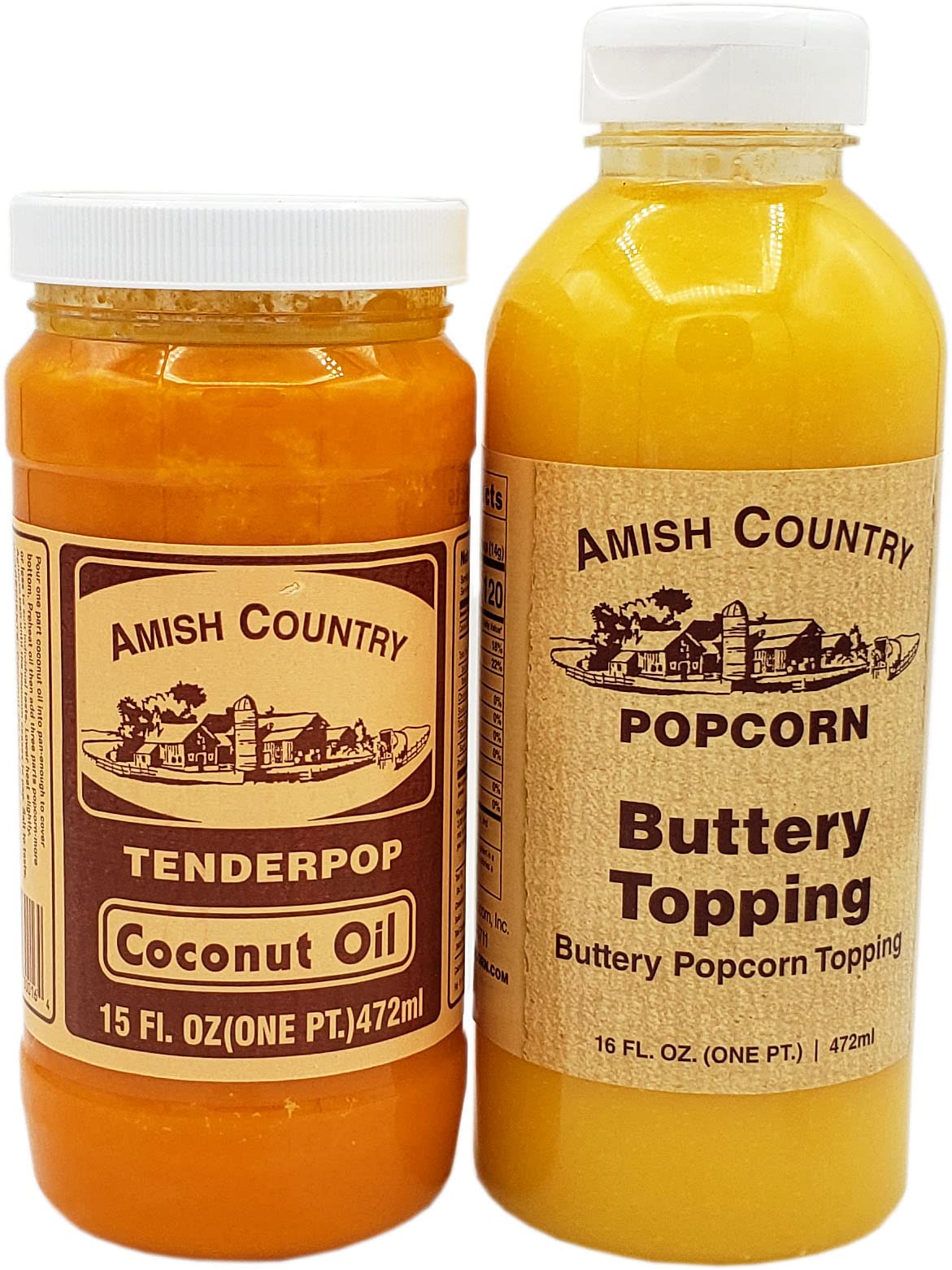 Amish Country Popcorn | Coconut Oil And Buttery Topping Bundle | 15 Oz Coconut Oil And 16 Oz Buttery Popcorn Topping | Old Fashioned, Non-Gmo And Gluten Free