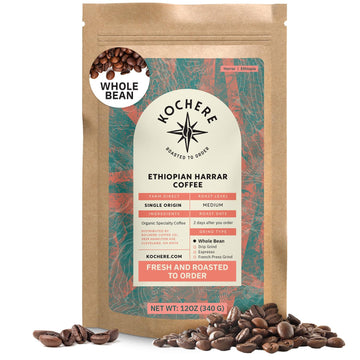 Organic Ethiopian Whole Bean Coffee Medium Roast - 12 Oz, Single Origin Ethiopian Harrar Coffee Beans, Specialty Coffee, Fair Tr