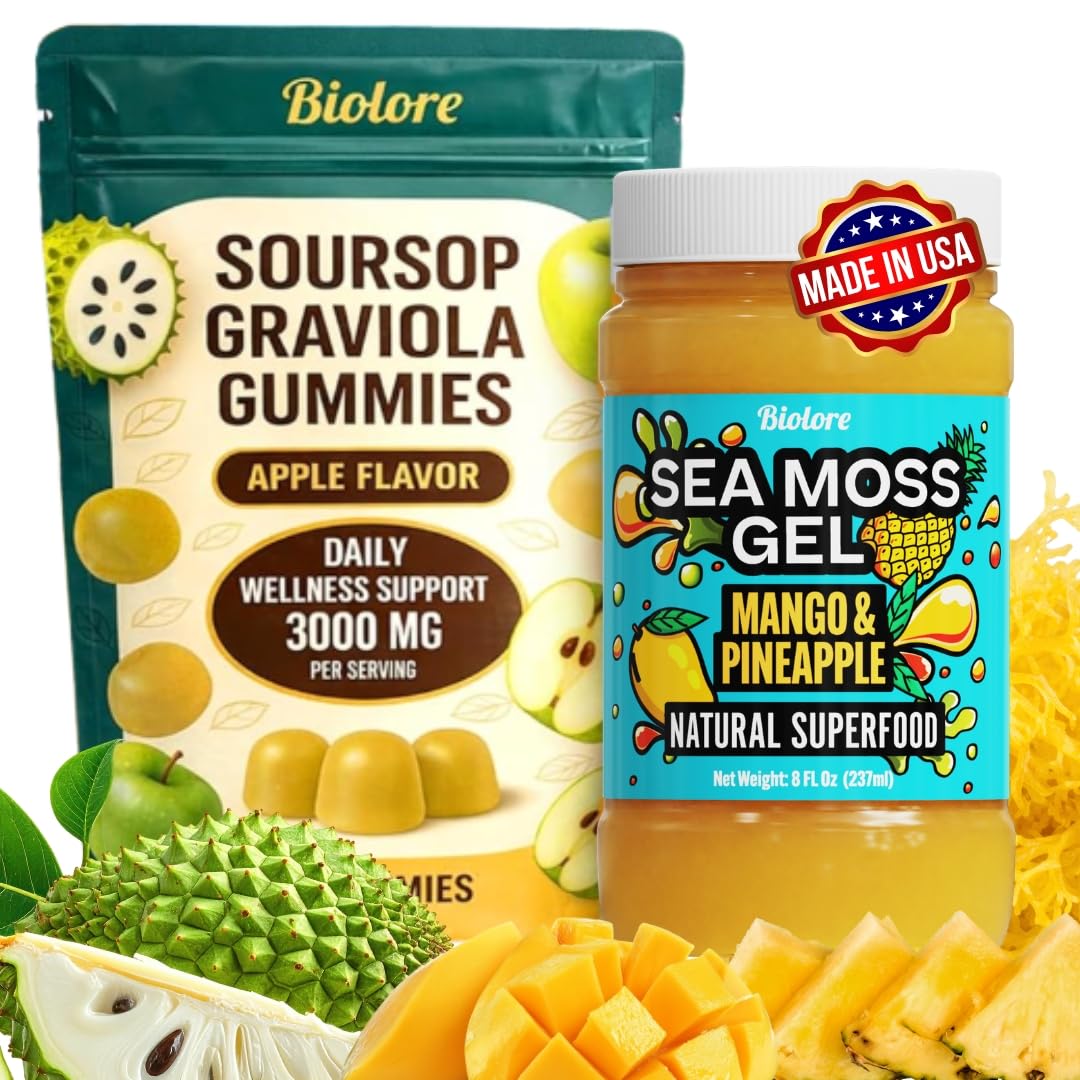 Biolore Sea Moss Gel + Soursop Gummies - Flavored Superfood with Natural Electrolytes - Mango-Pineapple & Apple - Wildcrafted Ma