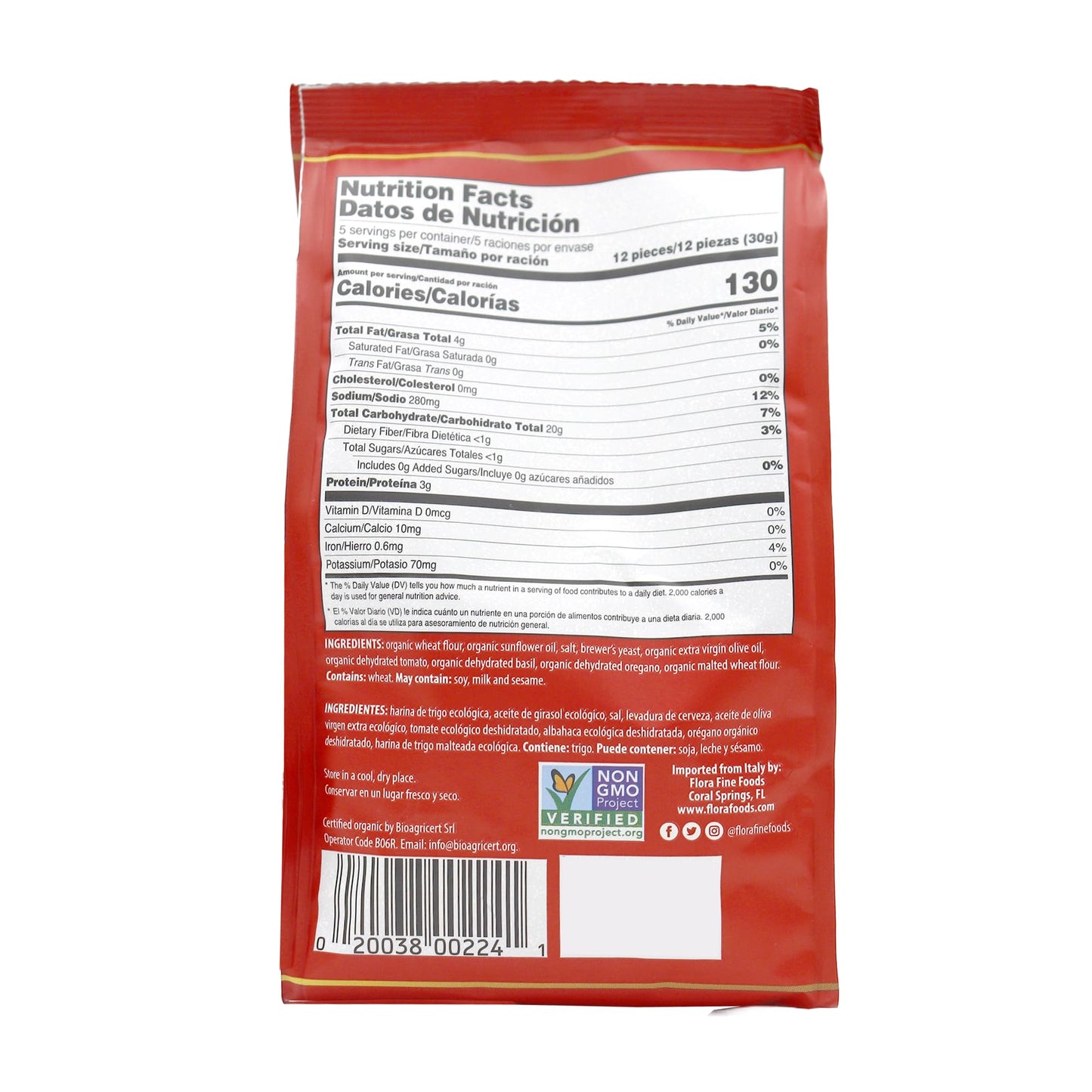 Flora Organic Bruschette Mini Toasts - Tomato & Basil - Italian Snack - USDA Organic - No Trans Fat - Oven Baked - 5.3 oz (150g)