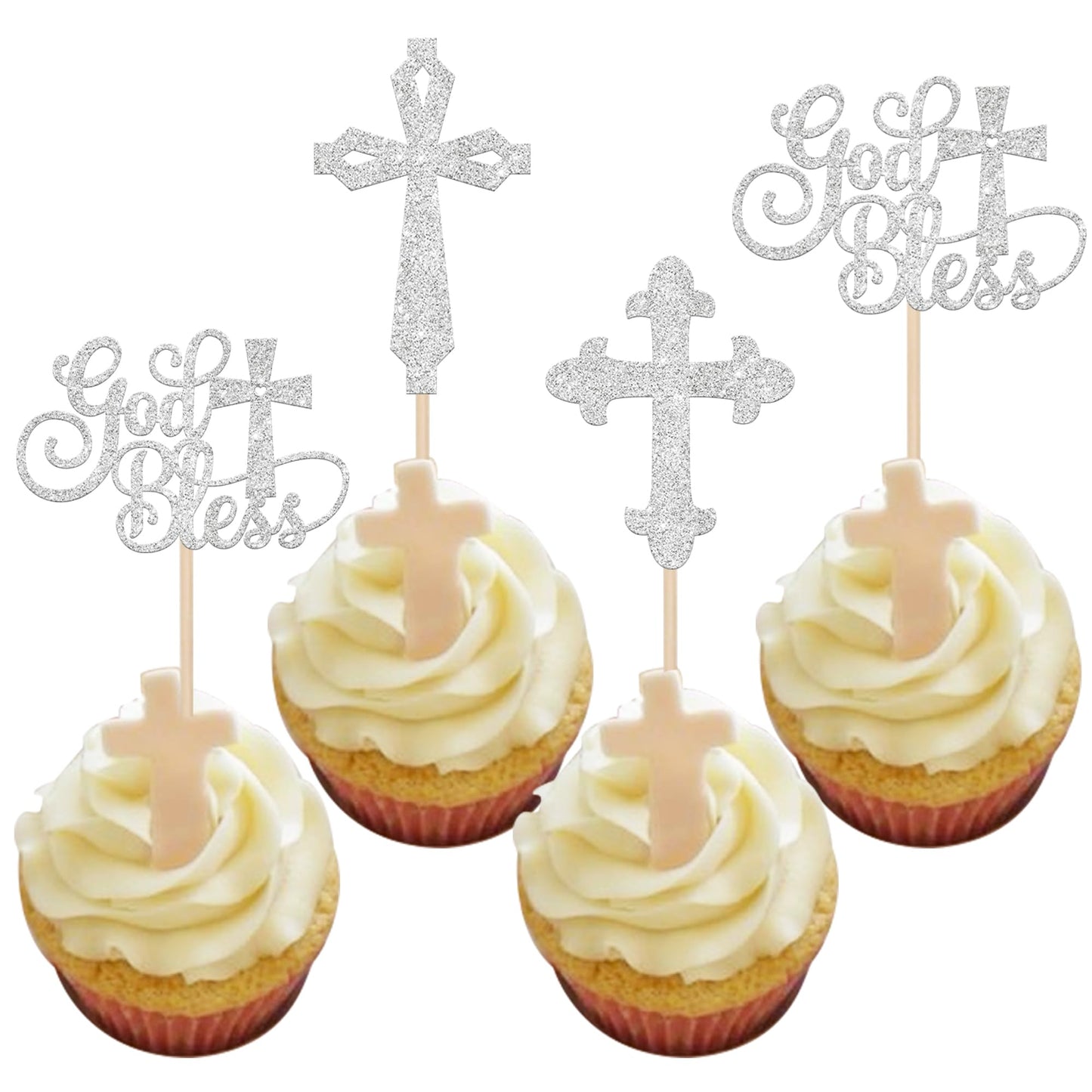 24 Pack God Bless Cupcake Toppers Glitter Christianity Cross Cupcake Picks For Religious Baptism First Holy Communion Cake Decorations Supplies Silver