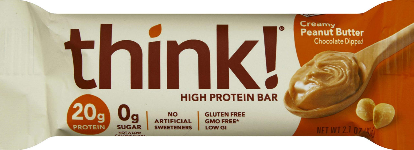 think!, High Protein Bars - Creamy Peanut Butter, 20g Protein, 0g Sugar, No Artificial Sweeteners, Gluten Free, GMO Free, 2.1 Ou