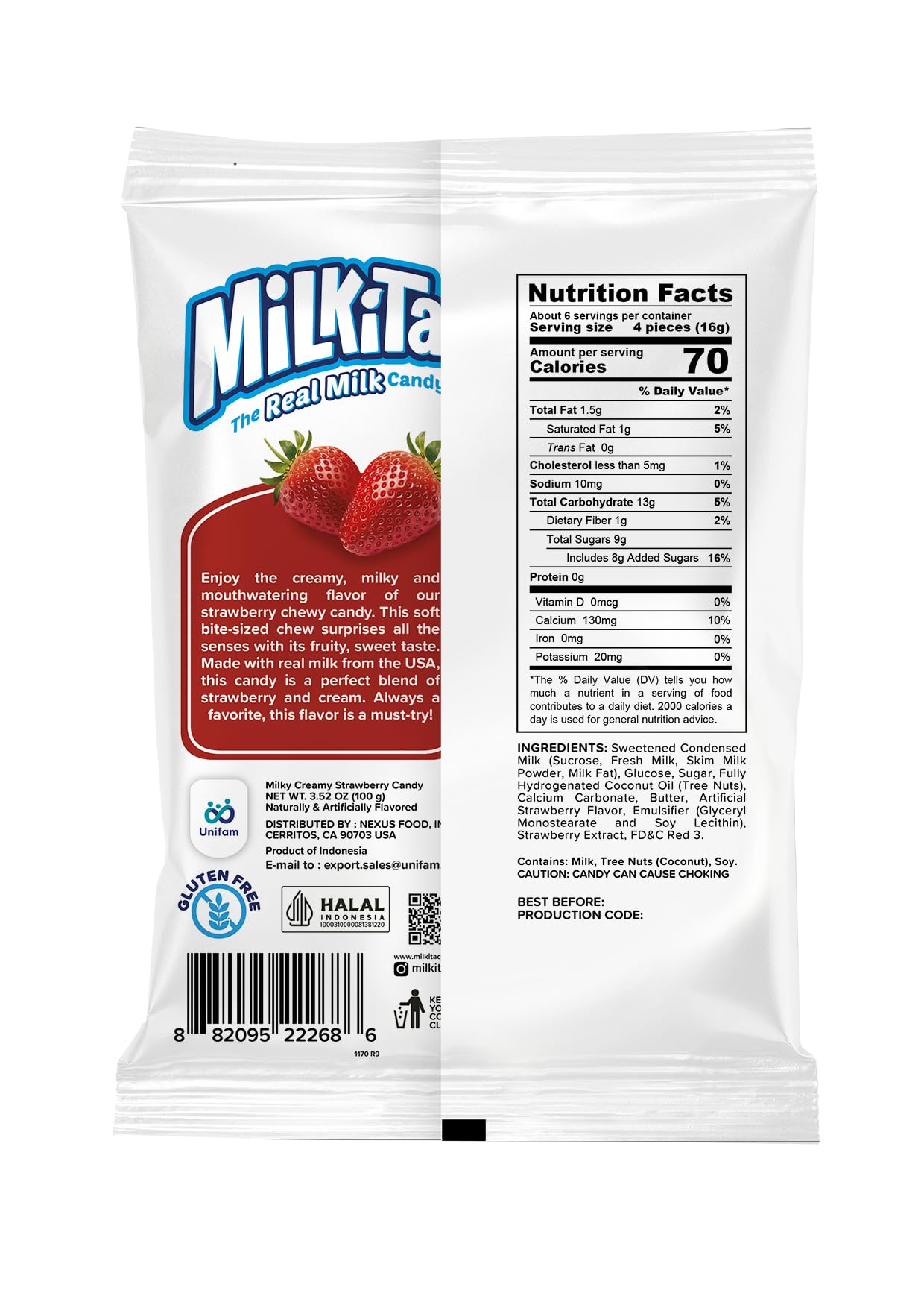 Milkita The Real Milk Candy Bag, Gluten Free Chewy Candies with Calcium & Real Milk, Zero Trans Fat, Low-Sugar, Strawberry Flavo