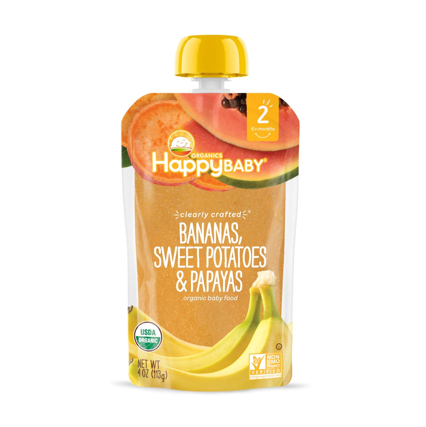 Happy Family Happy Baby Organic Clearly Crafted Stage 2 Baby Food Bananas, Sweet Potatoes & Papayas, 4 Pouch (Pack of 16), Banan