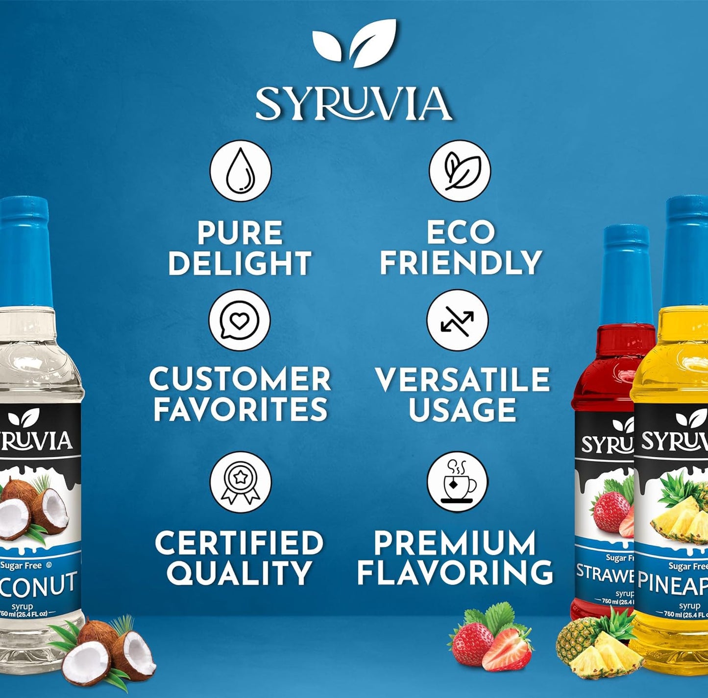 Syruvia Sugar-Free Pineapple, Strawberry & Coconut Syrup Variety Pack - 25.4 Oz - Perfect For Cocktails, Desserts, Italian Soda