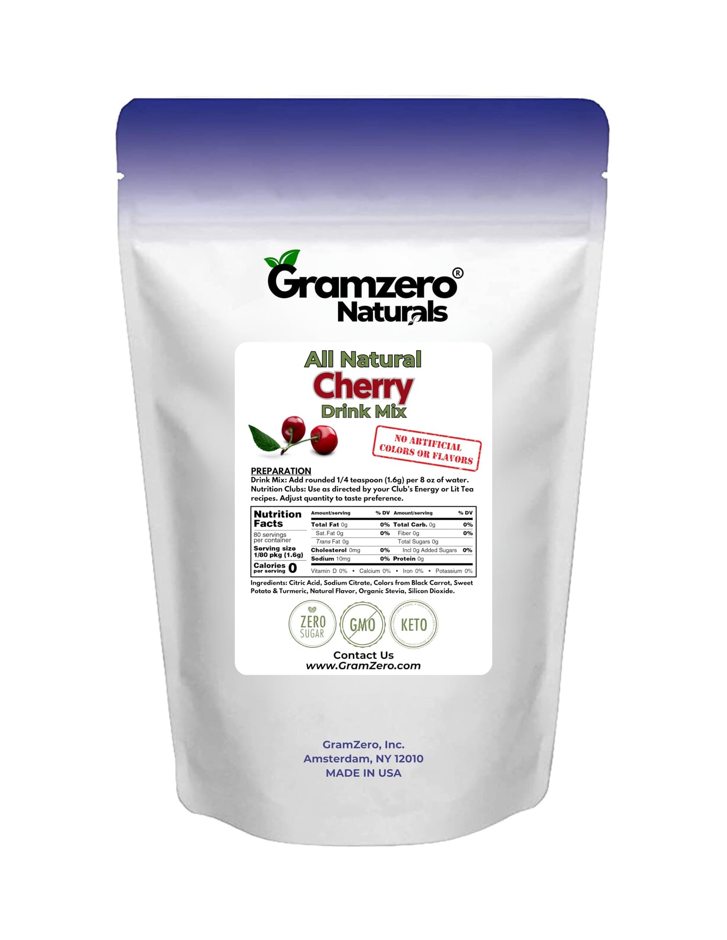 Gramzero All Natural Cherry Zero Calorie Sugar Free Drink Mix, Great For Nutrition Club Loaded Tea, Stevia Sweetened