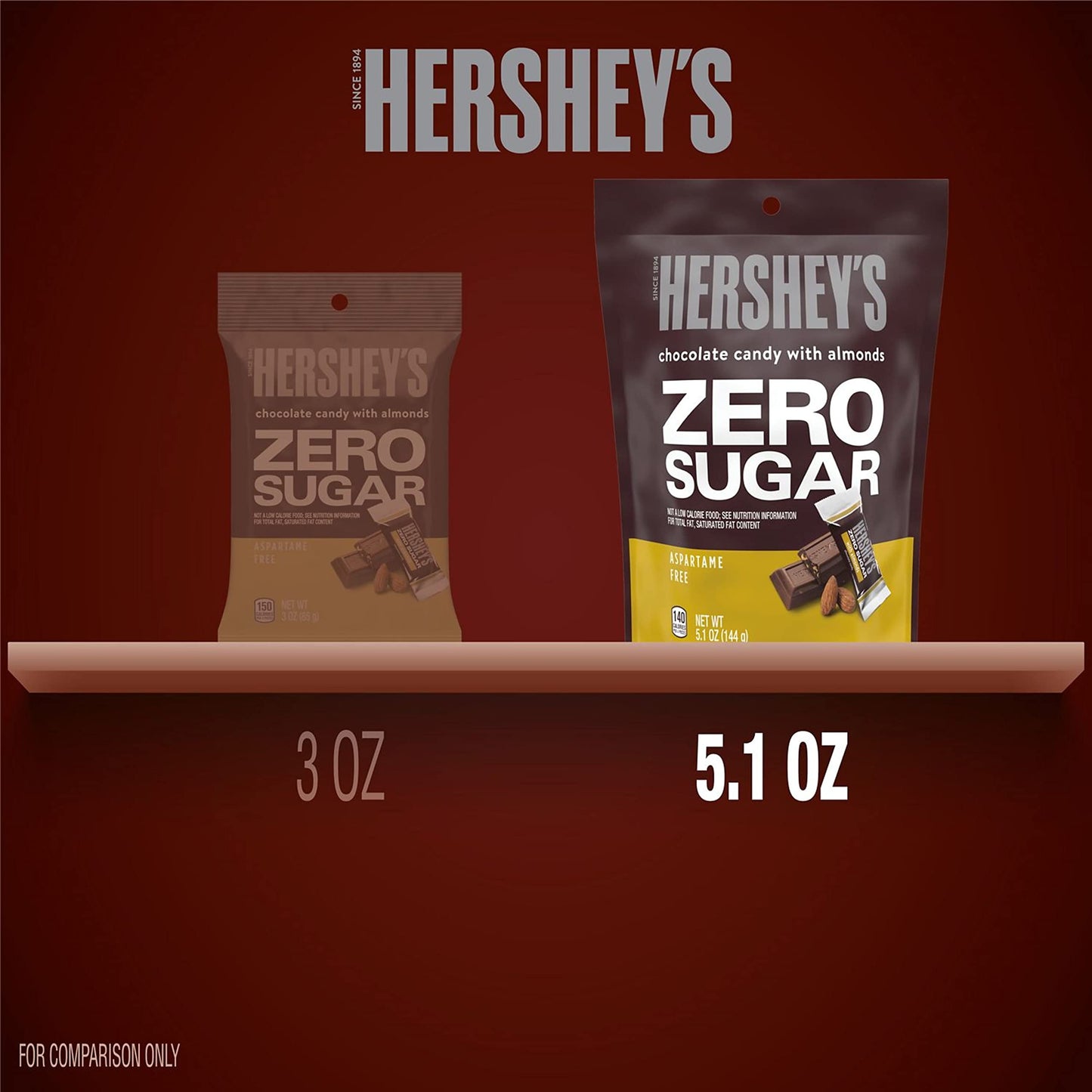 HERSHEYS Zero Sugar Chocolate with Almonds Candy Bars, Individually Wrapped, Aspartame Free, 5.1 oz Bag