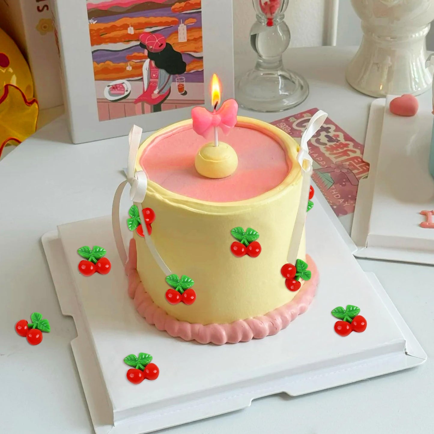Cyodoos 24 Pcs Cherry Cupcake Toppers, Red Resin Fruit Theme Picks for Kid Baby Shower Party Decorations