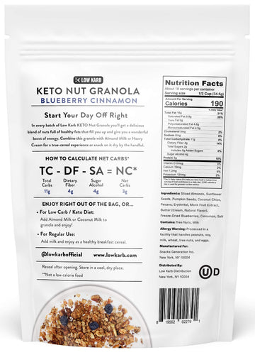 Low Karb Keto Blueberry Nut Granola, 22 Ounce - Low Carb Breakfast Cereal with Almonds, Pecans, Coconut, 2g Net Carbs