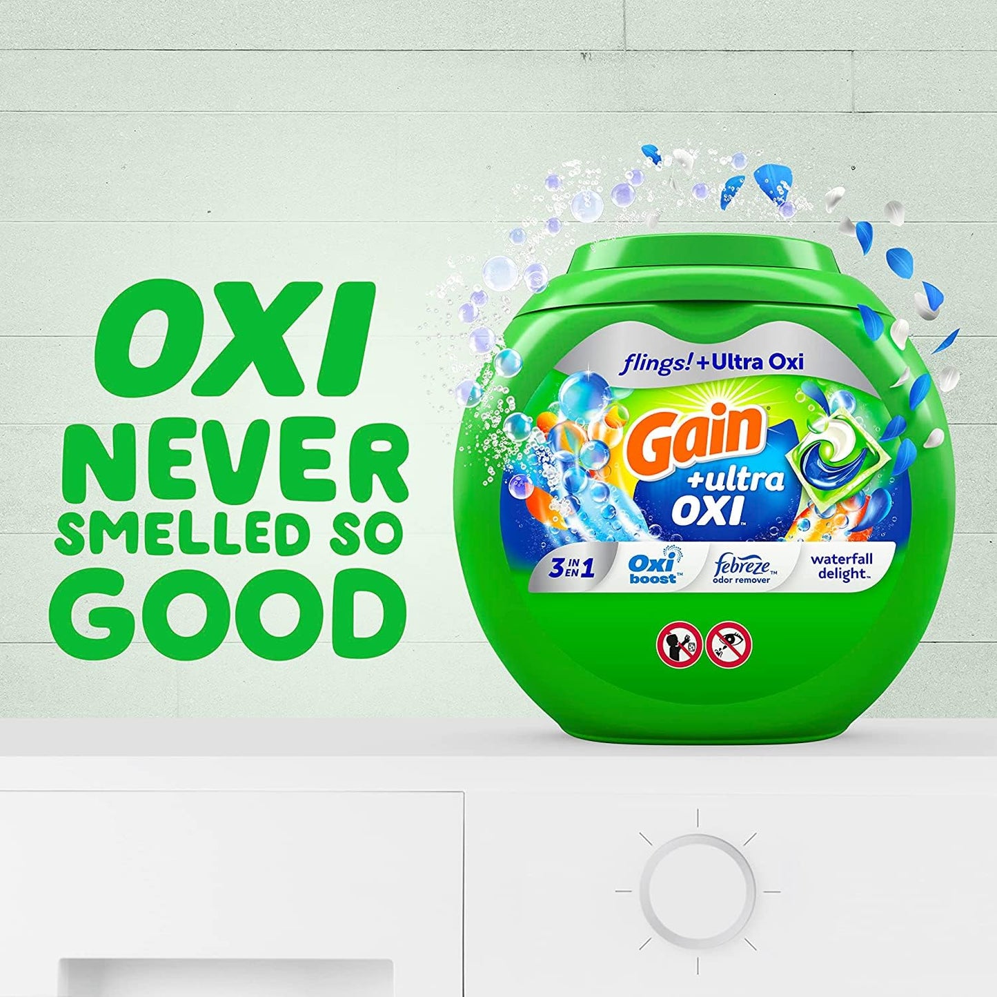 Gain Flings Ultra Oxi Laundry Detergent Pacs, 60 Count, Waterfall Delight Scent, 3-In-1, He Compatible