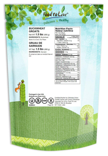 Food To Live Buckwheat Groats, 1.5 Pounds - Hulled Whole Grains, Raw, Kosher, Vegan, Sirtfood, Bulk, Good Source Of Dietary Fibe