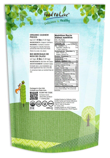 Food to Live Organic Cashew Pieces, 4 Pounds Non-GMO, Kosher, Vegan, Unsalted, Unroasted, Bulk