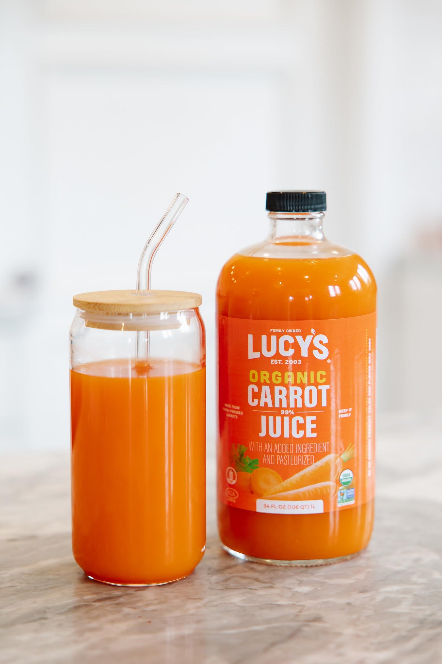 Lucys Family Owned - American Carrots Organic 99% Pure Carrot Juice, 34 Oz. Glass Bottle (Made From Fresh Pressed)