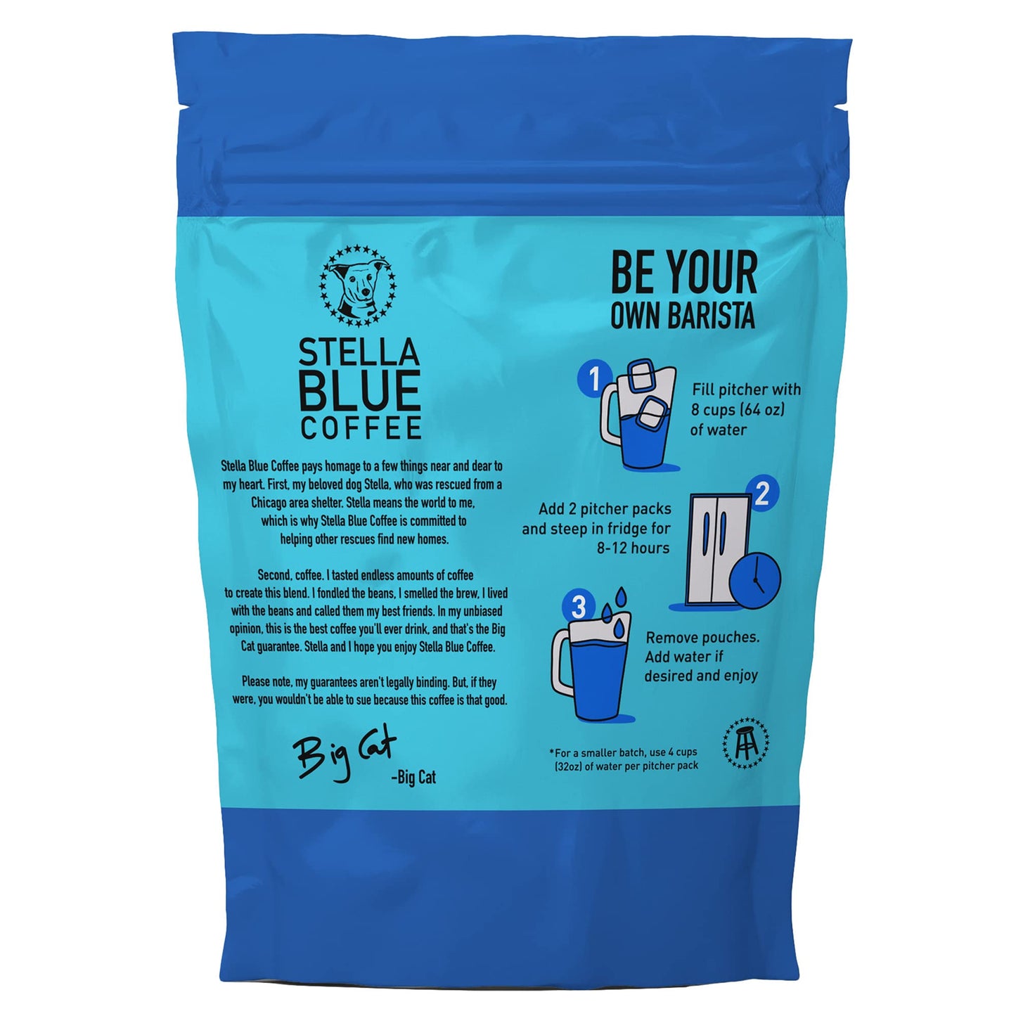 Stella Blue Cold Brew Arabica Big Cat Blend Coffee 6 Ready-to-Brew Packets Enriching Caramel and Hazelnut Notes with Sweet Fruitiness - Fresh Cold Brew for True Fanatics