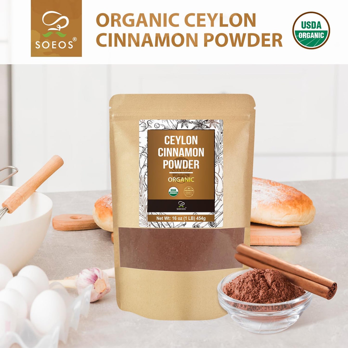 Soeos Organic Ceylon Cinnamon Powder 16oz (454g) enhanced Ground Cinnamon Non-GMO Gluten-Free Freshly Packed