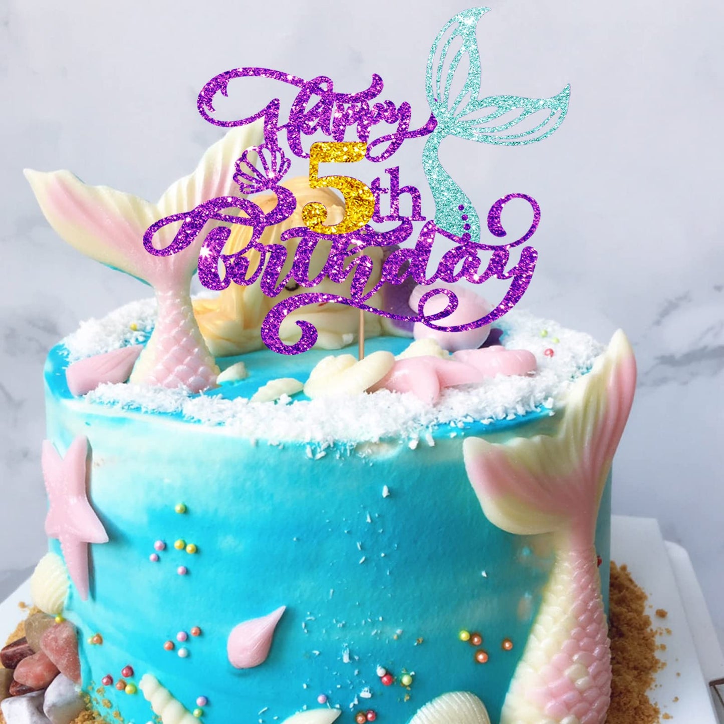 Mermaid 5 Cake Topper, Happy 5Th Birthday Cake Decor For Baby Girl, Little Mermaid 5Th Birthday Party Decoration, Under The Sea