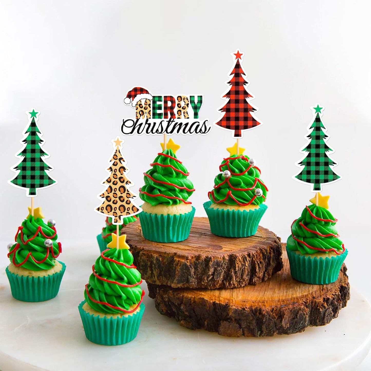 Ercadio Christmas Trees Cupcake Toppers - 24 Pack, Paper, D-merry Trees, Holiday Theme Decorations for Parties and Celebrations