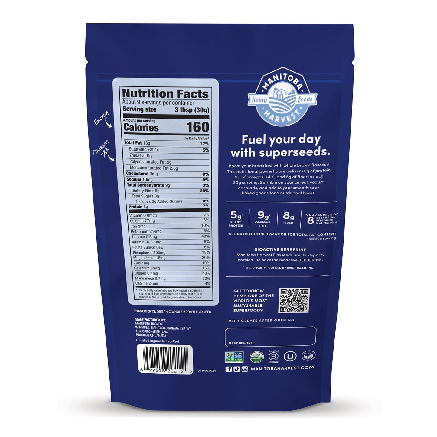 Manitoba Harvest Whole Organic Flaxseed, 5G Plant Based Protein And 9G Omegas 3 & 6 Per 30G Serving - Perfect For Smoothies, Yog