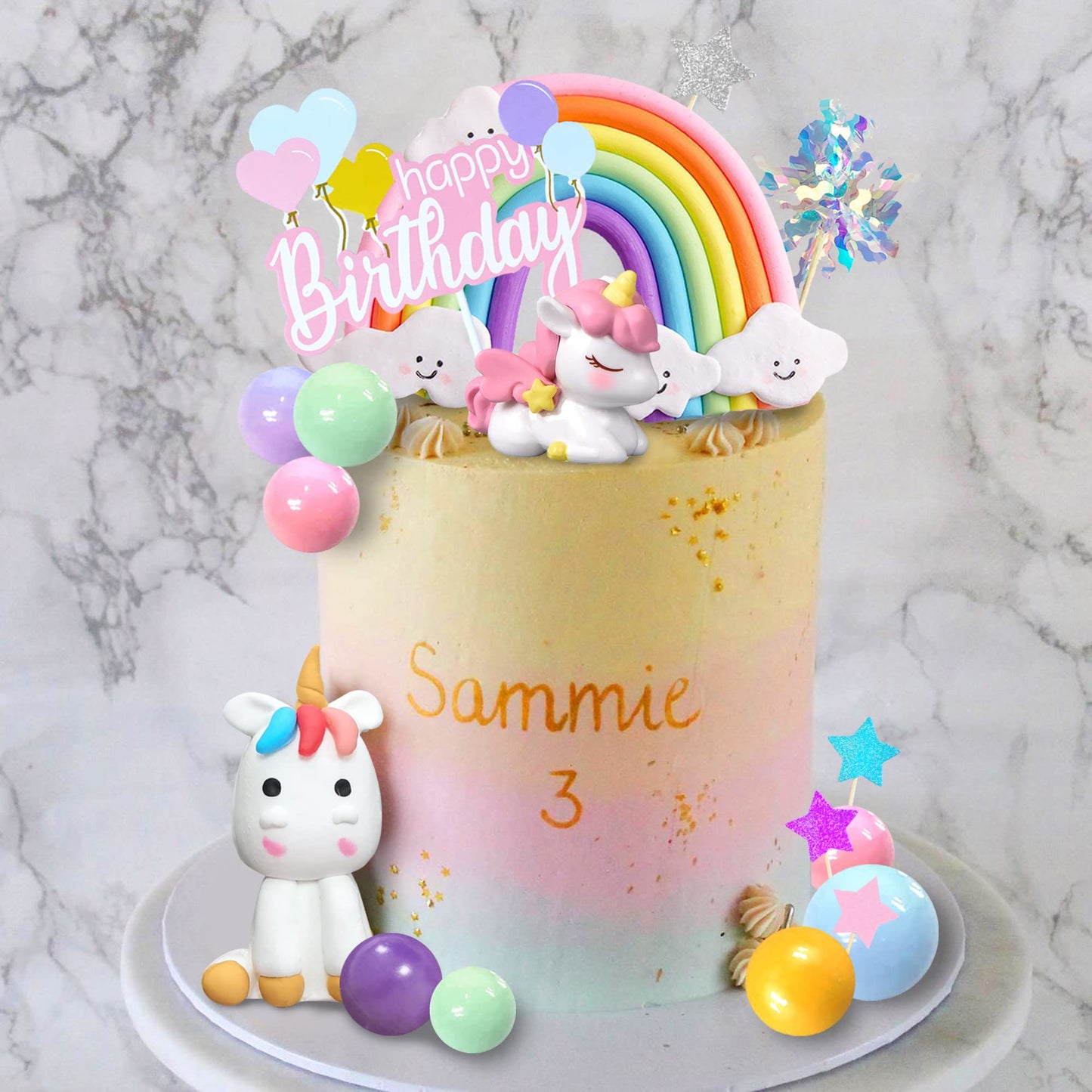 DRWATE 18 PCS Unicorn Cake Topper Set, Rainbow Stars & Foil Firework Balls, 0.78 inches, Kids Birthday Decorations (Style 1)