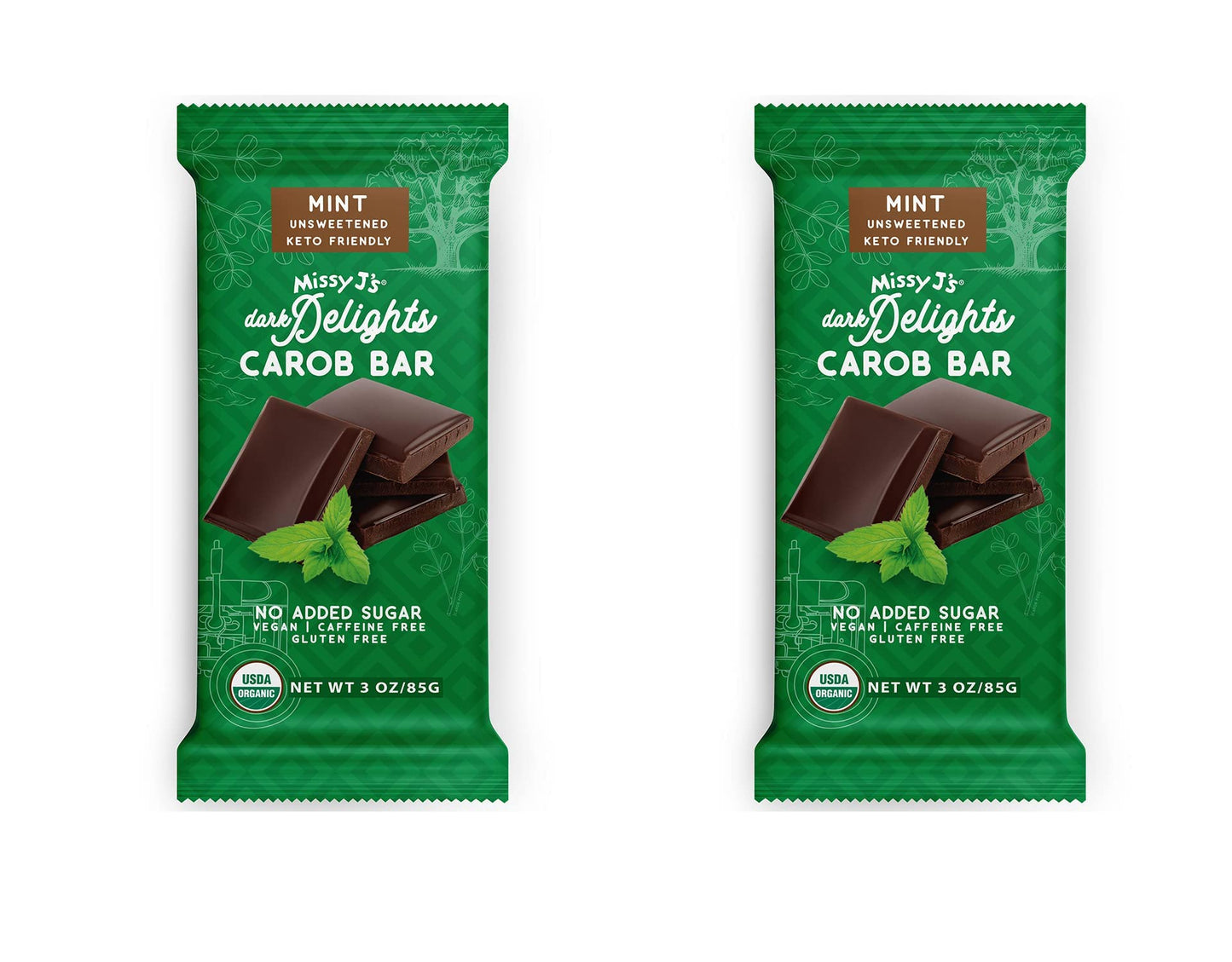 Missy JS Organic Carob Dark Delights Unsweetened Mint Candy Bar 3 Oz 2 Pack Vegan And Gluten-Free Healthy Energy Blend Free Substitute For Chocolate
