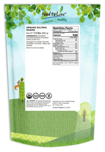 Organic Sultana Raisins, 1.5 Pounds - Non-GMO, Unsweetened, Unsulfured, Lightly Coated with Organic Sunflower Oil, Vegan, Paleo