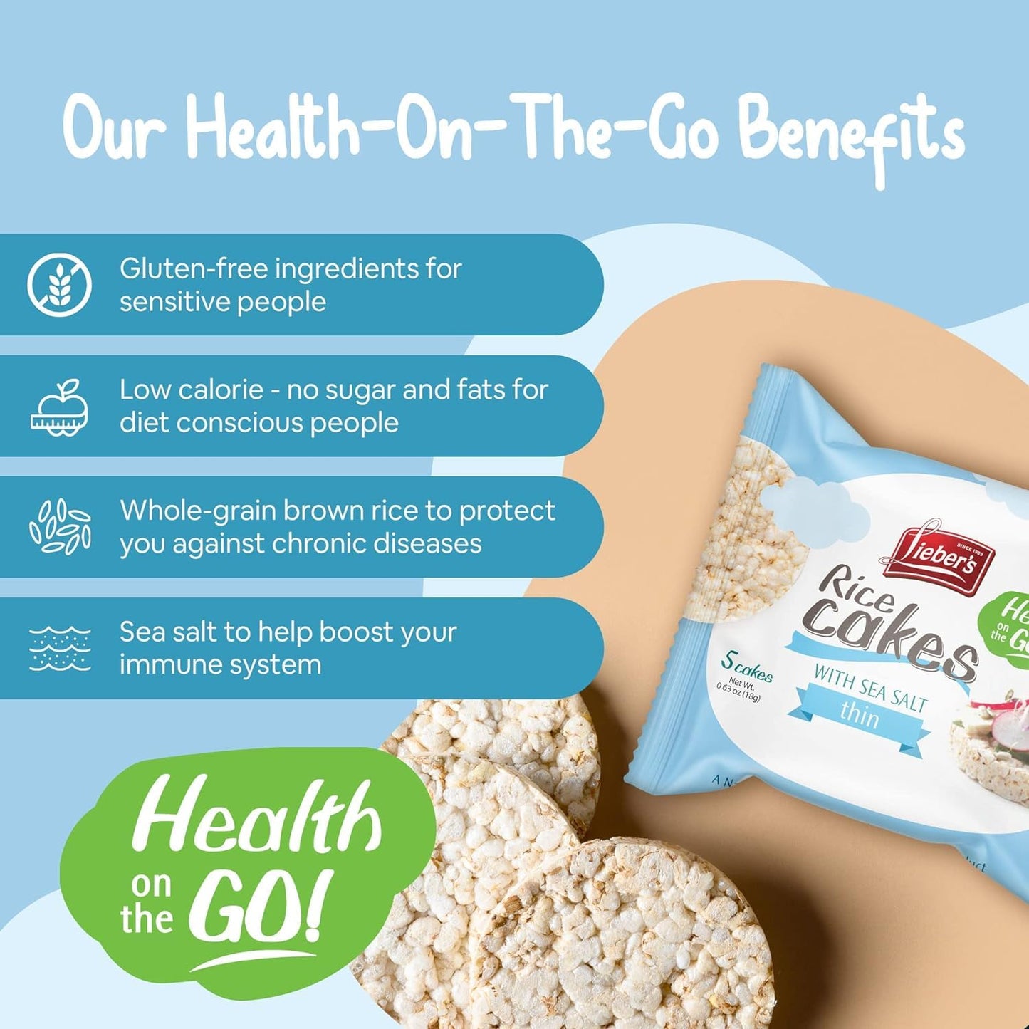 Leibers Rice Cakes On The Go Snack Pack - 16 Packs - Made With Brown Rice, Sea Salt, 5 Thin Cakes Per Pack - Kosher, Vegan, Whea