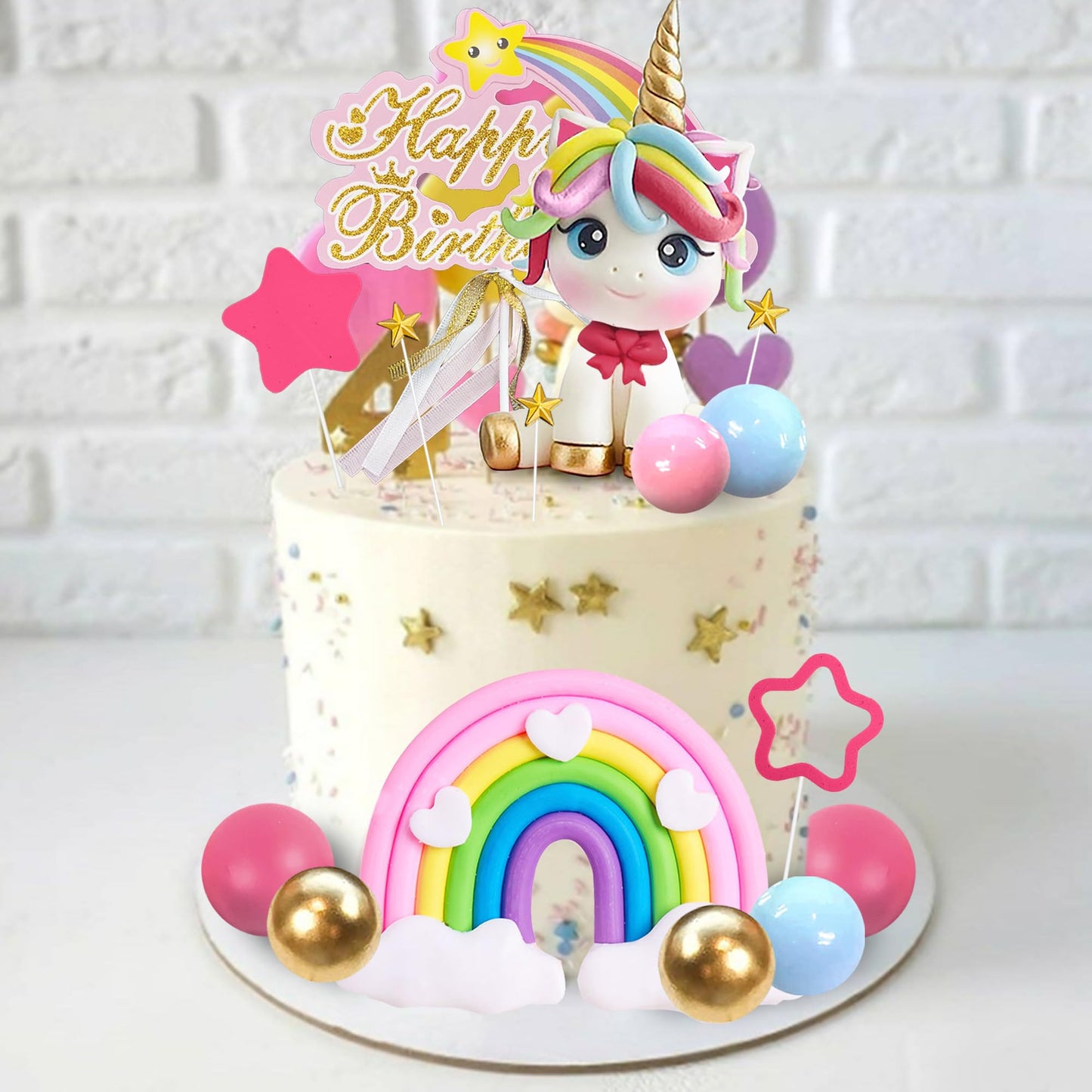 29 Pcs Unicorn Cake Topper, Unicorn Rainbow Cake Decorations With Rainbow Stars Unicorn Balls Happy Birthday Cake Decorations Fo