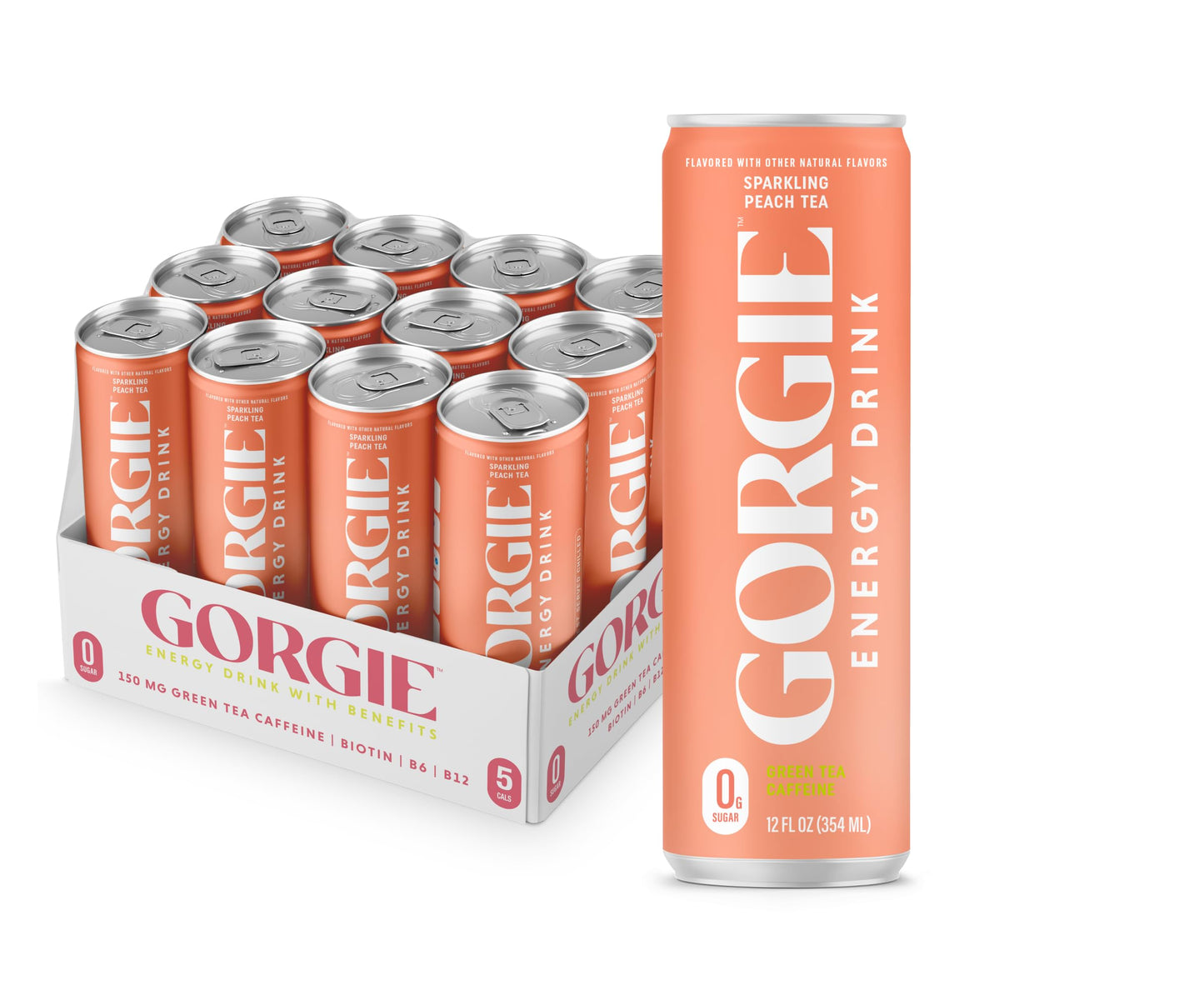 GORGIE Sugar Free Natural Energy Drinks, Peach, 12 Pack, Vegan, 150mg Caffeine, Low Calorie