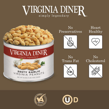 Virginia Diner - Zesty Garlic Seasoned Extra Large Virgnia Peanuts 18Oz In Resealable Can For Snacking Or Gifting