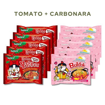 Samyang Buldak Hot Spicy Chicken Ramen Noodle Korean Stir-Fried Ramen (10, Carbonara, Tomato Pasta)