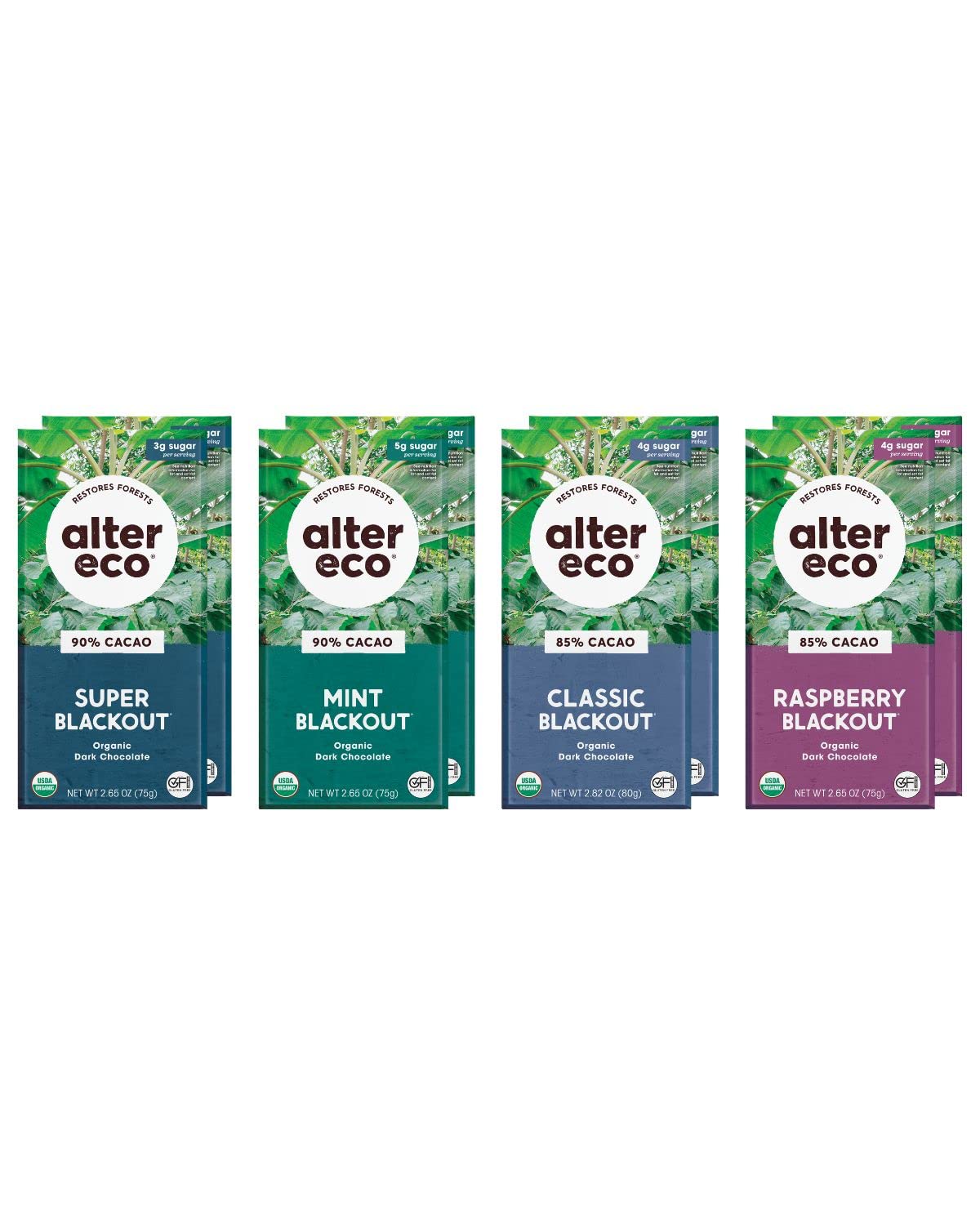 Alter Eco | Blackout Variety Pack | Pure Dark Cocoa Fair Trade Organic Non-Gmo Gluten Free Dark Chocolate Bars - (4 Flavors - 8 Bars)
