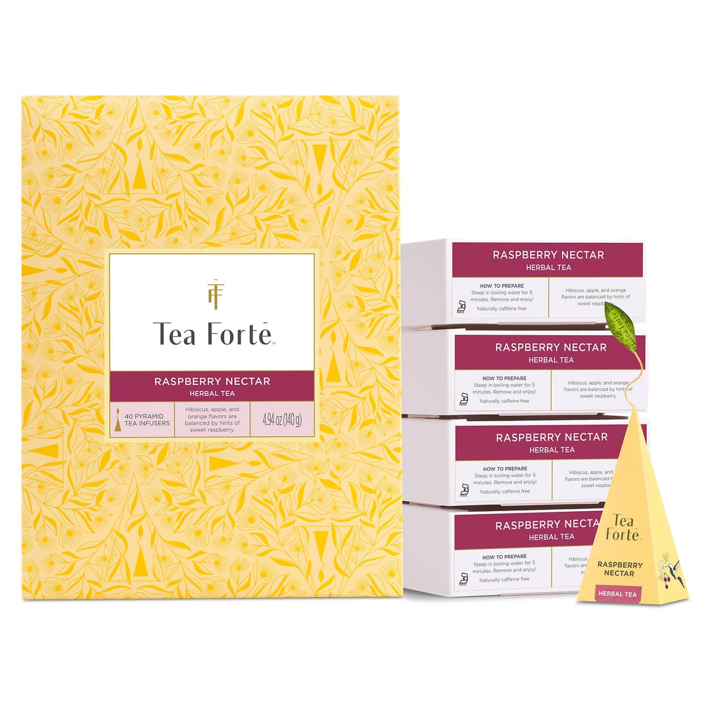 Tea Forte Raspberry Nectar Top-Grade Energy Blend-Free Herbal Tea Blend Event Box Bulk Pack 40 Count 10 Per Tray Individually Wrapped Handcrafted Pyramid Infusers