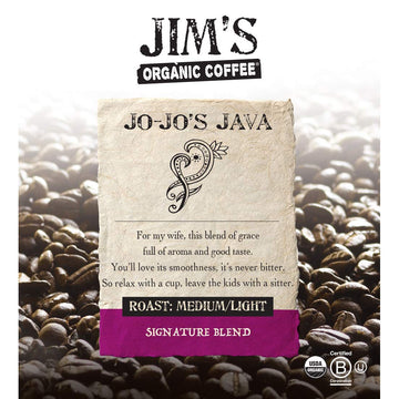 Jims Organic Coffee - Jo-Jos Java Blend: Ground Coffee - Medium/Light Roast 12oz Bag- Certified Organic, Regeneratively Grown,