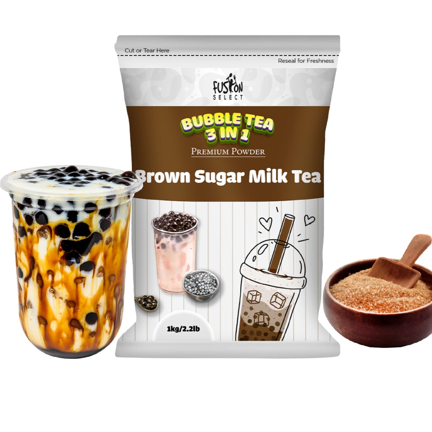Fusion Select 2.2lb Brown Sugar Milk Tea Powder Flavored-3-in-1 Drink Powder with Cream & Sugar - Instant Pre-Mixed Beverage for