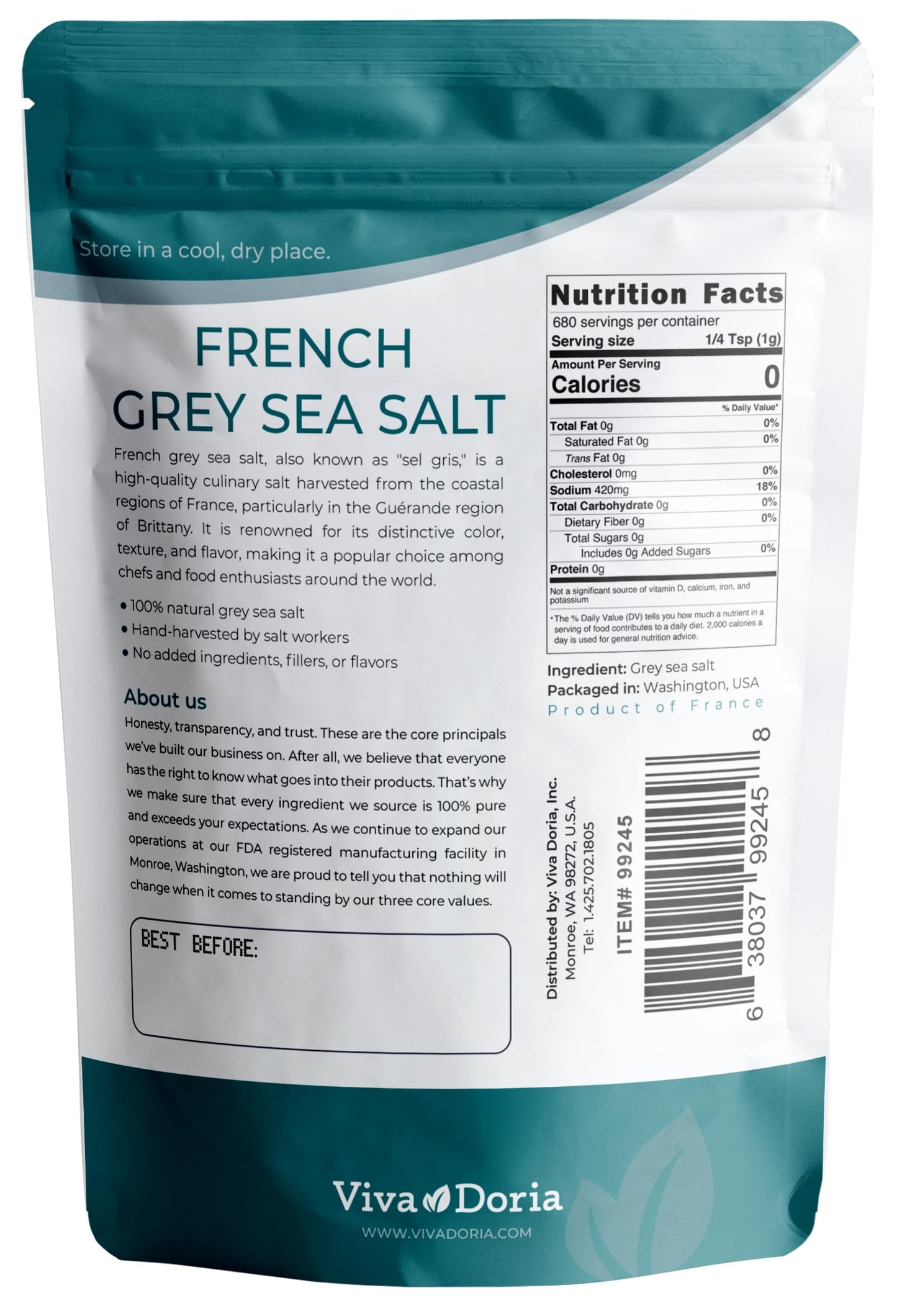 Viva Doria Sel gris French Light grey Sea Salt 1.5 lb (24 oz)