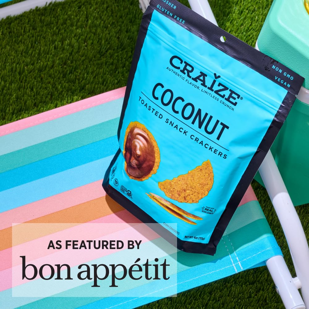Craize Coconut Crisps | Gluten Free, Vegan, Kosher, Toasted Corn Crackers | 6 Pack, 4 Oz Each