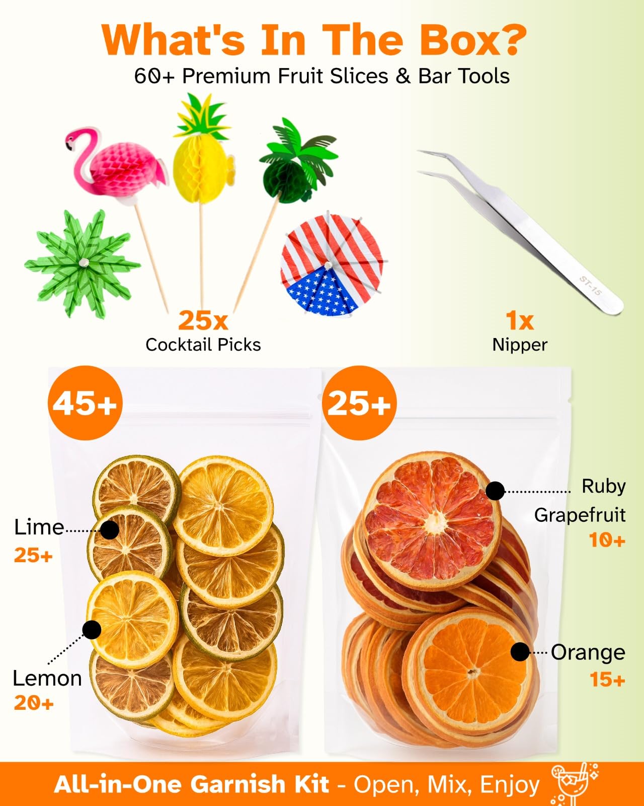 Fangkic Dehydrated Citrus Slices Set - 70+ Pieces, 6 Ounce - Lemon, Lime, Orange, G fruit, Includes 25 Paper Umbrellas and Tweezers